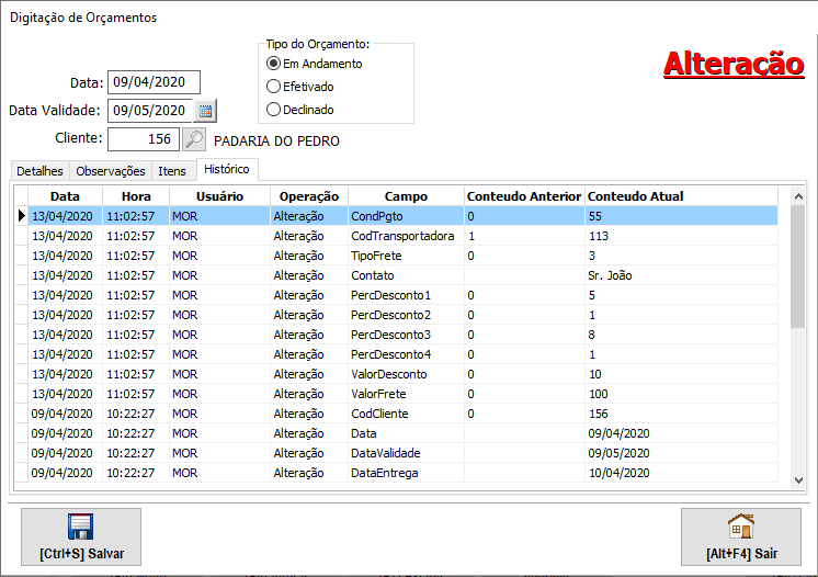 Todo o histórico de logs do orçamento.