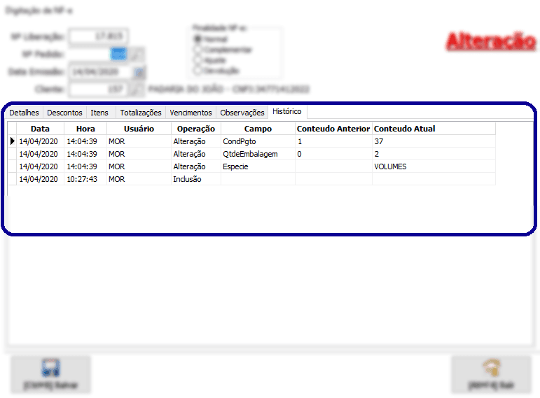Histórico de LOGs de todas as alterações.