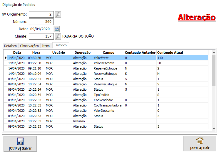 Todo o histórico de logs do Pedido de Vendas.